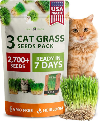 HOME GROWN 3 Cat Grass Seed Mix 2700 + Non-GMO Heirloom Oat, Alfalfa & Cat Grass Seeds | Indoor Pet Grass for Cats | High-Germination Greens for Hairball Control, Digestion, and Chewing Enrichment