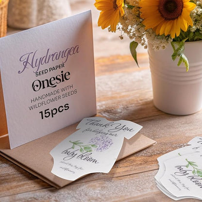 Onesie Seed Paper – 15 Hydrangea Shower Favors for Guests with Wildflower Seeds, Writable & Plantable, Shower Favor Gifts for Guest