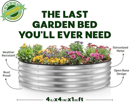 Round Galvanized Raised Garden Bed // 4×4×1 ft Galvanized Raised Garden Beds Outdoor for Gardening, Vegetables, Flowers // Patented Tool-Free Design Round Planter (Silver)