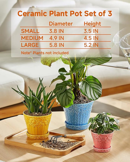 Ceramic Plant Pots, 3.8+4.9+5.8 Inch, Set of 3 Flower Pots with Drainage Hole & Saucer, Embossed Planter Pots for House Plants, Home Decor, Set of 4, Assorted Colors