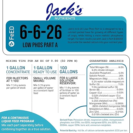 Jack’s Nutrients 6-6-26 Low Phos Part A Water-Soluble Fertilizer, 25lbs – Promotes Leaf Growth and Strong Roots