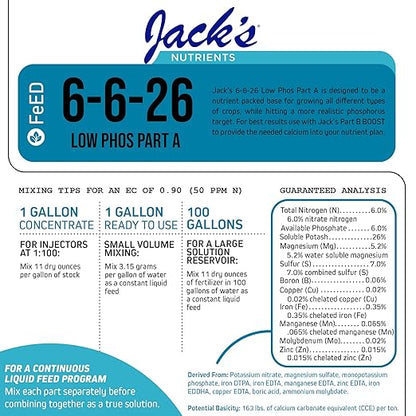 Jack’s Nutrients 6-6-26 Low Phos Part A Water-Soluble Fertilizer, 25lbs – Promotes Leaf Growth and Strong Roots