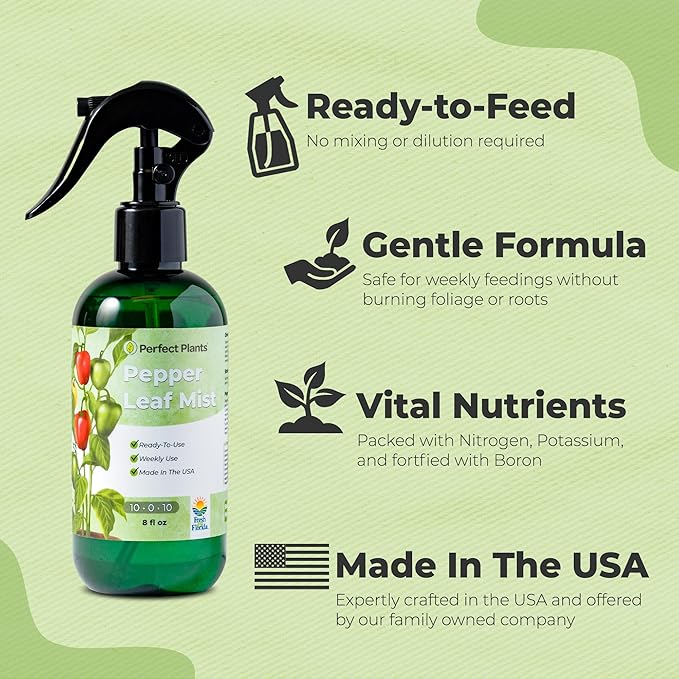 Pepper Leaf Spray Fertilizer by Perfect Plants | Premium Food Blend for Gardening Peppers | Harvest Delicious Peppers from Your Vegetable Garden (8 fl oz)