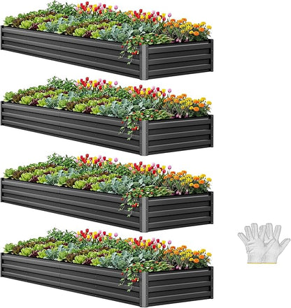 YITAHOME 4pcs 12x4x1 ft Galvanized Raised Garden Bed Kit, Large Metal Planter Box with Gloves, Safety Rubber & Support Rod, Outdoor Flower Bed for Plants Vegetables, Black