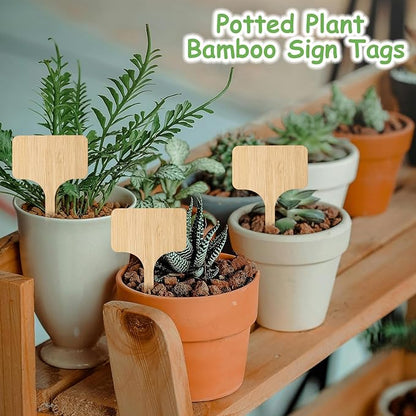 140 Pcs Bamboo Plant Labels with 1 Marker Pen, T-Type Natural Seedling Nursery Sign Tags, Wood Garden Markers Decorative Patio Tags for Outdoor Indoor Potted Plants Herbs Flowers Vegetables
