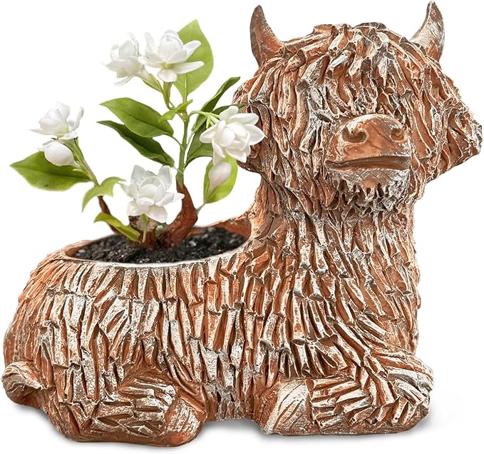 2Pcs Cute Highland Cow Planter Small Adorable Scottish Resin Flower Pot for Succulents Decorative Gift with Drainage Hole Farmhouse Home Decor for Plant Lover (Brown 5.9" L x 3.3" W)