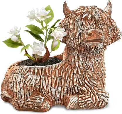 2Pcs Cute Highland Cow Planter Small Adorable Scottish Resin Flower Pot for Succulents Decorative Gift with Drainage Hole Farmhouse Home Decor for Plant Lover (Brown 5.9" L x 3.3" W)