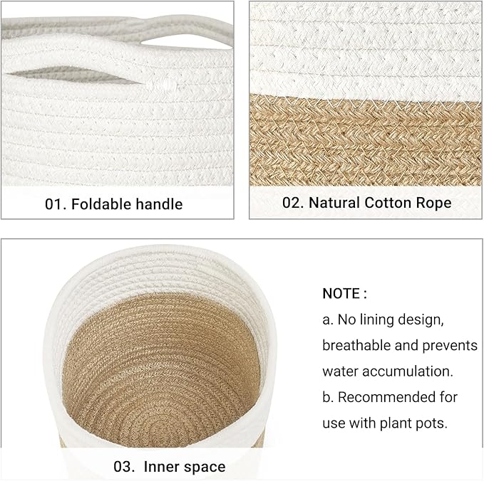Dahey Jute Spliced Cotton Rope Plant Basket Modern Woven Storage Basket for 12" Floor Indoor Planter, Decorative Flower Pots Cover Laundry Bin with Handle Rustic Home Decor, White and Beige