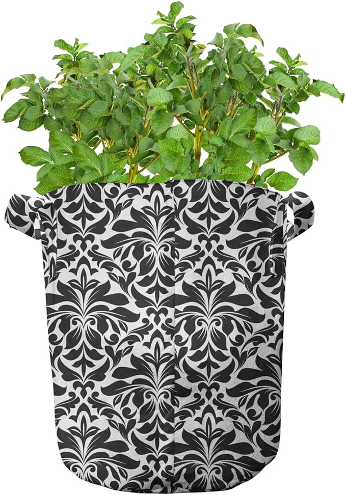 Ambesonne White Damask Grow Bags 5-Pack, Flourish Curls Strokes, Heavyduty Fabric Pots with Handles for Plants, Charcoal Grey