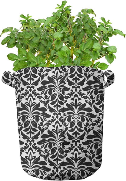 Ambesonne White Damask Grow Bags 5-Pack, Flourish Curls Strokes, Heavyduty Fabric Pots with Handles for Plants, Charcoal Grey