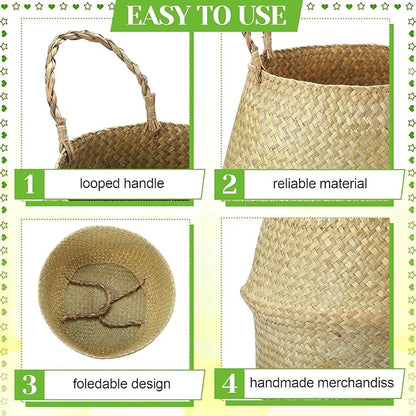 Qunclay 4 Pcs Woven Seagrass Baskets Belly Basket Folding Boho Natural Plant Pot with Handles Round Decorative Wicker Large Indoor Planter for Home Outdoor Tree Planters Decor (XL,12''dx13.8''h)