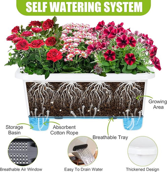 Self-Watering Rectangle Planter Boxes 8-Pack, 15.7-Inch Window Box Planter with Drainage Holes & Trays, Pots for Vegetables, Herbs, Flowers, Garden Windowsill Balcony (White)