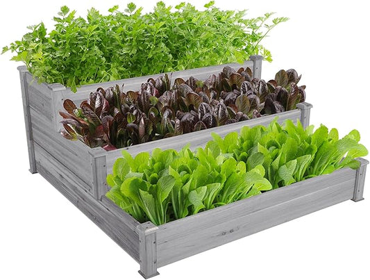 Topeakmart 3 Tier Raised Garden Bed Wood Garden Box Wooden Vegetables/Flower/Herb Elevated Garden Planter Boxes Outdoor, Gray