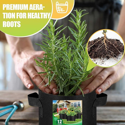 12 Sets 1 Gallon Grow Bags with Plant Saucers, Durable Fabric Plant Pots with Handles, Aeration Drainage Planter Bags for Planter, Reusable Garden Bags Drip Trays Set for Indoor Outdoor