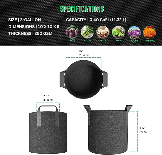 247Garden 5-Pack 3-Gallon Aeration Fabric Pot/Plant Grow Bag w/Handles (260 GSM, Black, 9H x 10D)