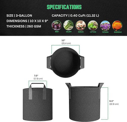 247Garden 5-Pack 3-Gallon Aeration Fabric Pot/Plant Grow Bag w/Handles (260 GSM, Black, 9H x 10D)