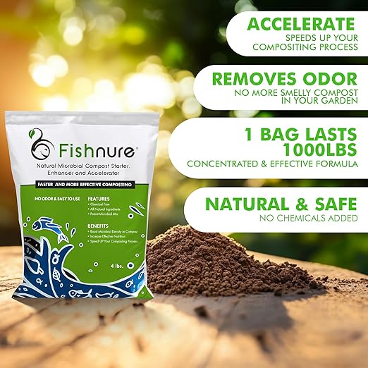 Fishnure - Odor-Free Natural Microbial Compost Starter, 1 4-lb Bag for 1000 lb Compost That Can Be Used as Fertilizer for Potting Soil Indoor Plants & Outdoor Plant Soil, Gardening Essentials