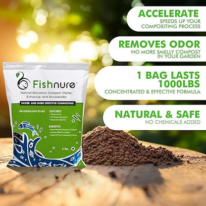 Fishnure - Odor-Free Natural Microbial Compost Starter, 1 4-lb Bag for 1000 lb Compost That Can Be Used as Fertilizer for Potting Soil Indoor Plants & Outdoor Plant Soil, Gardening Essentials