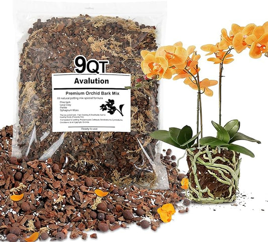 Orchid Bark Potting Mix 9Quart, Mix Pine Bark, Organic Perlite, Sphagnum Moss and Leca Clay Pebbles for Plants, Orchid Fertilizer Garden Soil for Root Development