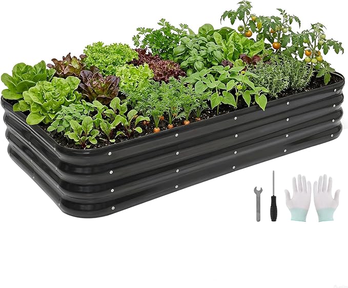 4 in 1Galvanized Raised Garden Bed - 5x3x1ft Modular Garden Planter Bed Outdoor | Steel Raised Bed Kit with Bracing Rods, Gloves for Gardening Vegetables Fruits and Flowers - Gray