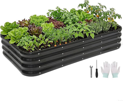 4 in 1Galvanized Raised Garden Bed - 5x3x1ft Modular Garden Planter Bed Outdoor | Steel Raised Bed Kit with Bracing Rods, Gloves for Gardening Vegetables Fruits and Flowers - Gray