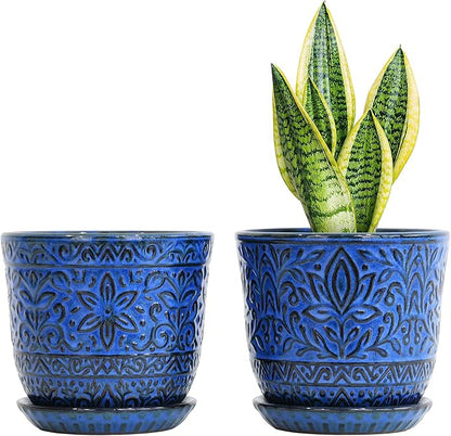 Gepege 6 Inch Ceramic Planter, Blue Plant Pot with Drainage Holes and Saucers for Indoor Plants, Birthday for Women Mom