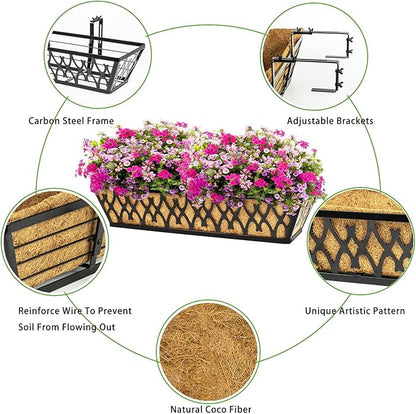 2 Pack 30 Inch Window Boxes Planters Railing Planter Box with Adjustable Brackets for Porch Fence Patio Balcony Hanging Flower Baskets with Coco Liners for Outdoor Garden Decor - Black
