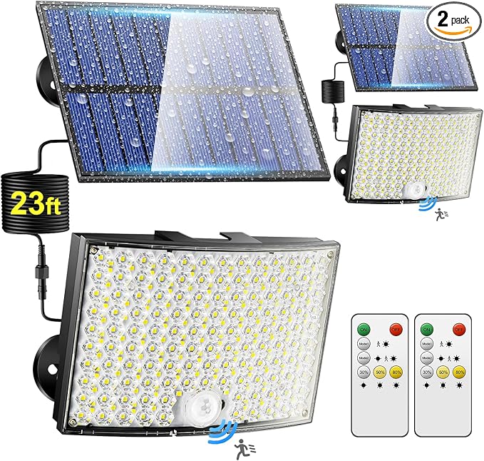 Solar Flood Lights Outdoor, [268LED/7M/5 MODES/2PCS]Solar Motion Lights Outdoor Waterproof, REMOTE+IP65+ 8-12H USE Luces Solares para Exteriores Lámparas Solares para Exteriores,Yard,Doorway,Garage