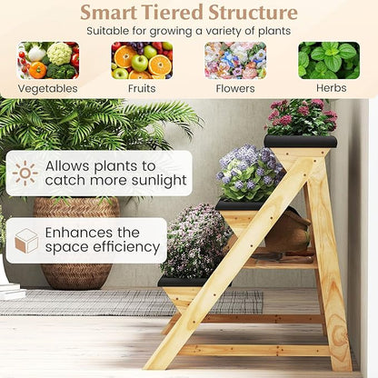 3-Tier Raised Garden Bed, Vertical Garden Planter w/Storage Shelf, Bed Liner & 2 Side Hooks, Wood Elevated Planter Box Outdoor for Plants Vegetables Flowers Herbs,Natural (46" x 29" x 31.5")