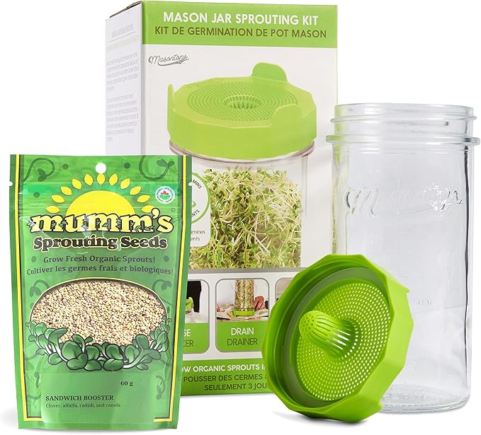 Masontops Mason Jar Bean Sprouting Jar Starter Set - Easy DIY Bean Sprout Kit with Organic Seeds, Sprouting Lids, Complete Bean Sprouts Grow Kit