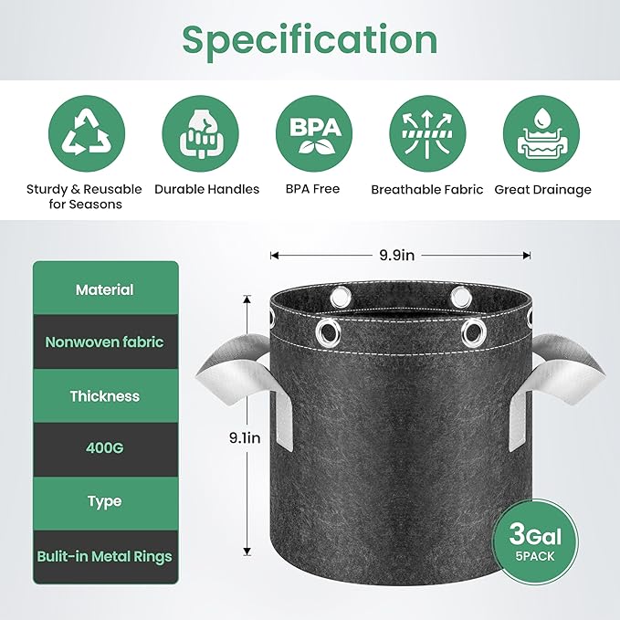 InfiniPower 3 Gallon 5 Pack Plant Grow Bags, 400G Thick Nonwoven Fabric Pots with Multi-Purpose Rings and Handles, Reusable for Low Stress Plant Training Fruits, Vegetables and Flowers