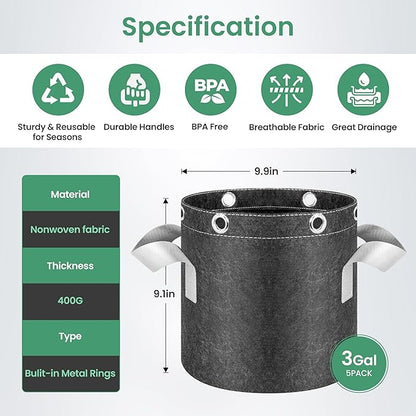 InfiniPower 3 Gallon 5 Pack Plant Grow Bags, 400G Thick Nonwoven Fabric Pots with Multi-Purpose Rings and Handles, Reusable for Low Stress Plant Training Fruits, Vegetables and Flowers