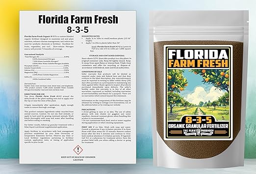Fertilizer Commercial Grade | Florida Farm Fresh Organic 8-3-5 | 5 Ounces | Granular Slow Release Feed | Nitrogen Source | Lawns Vegetables Fruits Beds Borders Shrubs Ornamentals | 7–8 Month Coverage