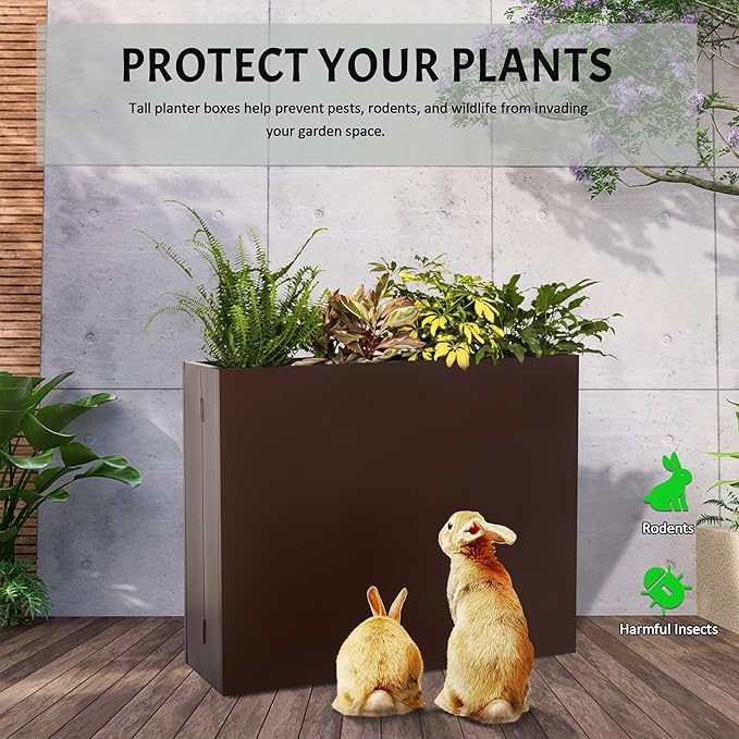 Metal Planter Box, No Installation Galvanized Steel Folding Rectangular Planter with Drainage Holes, 35.5"x 10"x 28" Brown Outdoor Planter for Porch/Patio/Garden