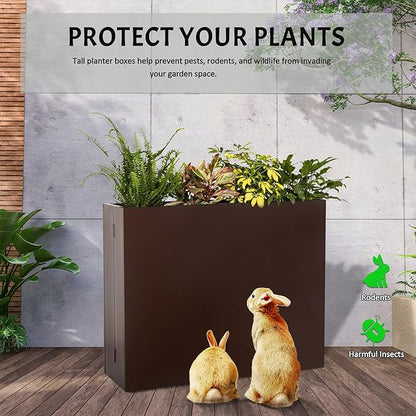 Metal Planter Box, No Installation Galvanized Steel Folding Rectangular Planter with Drainage Holes, 35.5"x 10"x 28" Brown Outdoor Planter for Porch/Patio/Garden