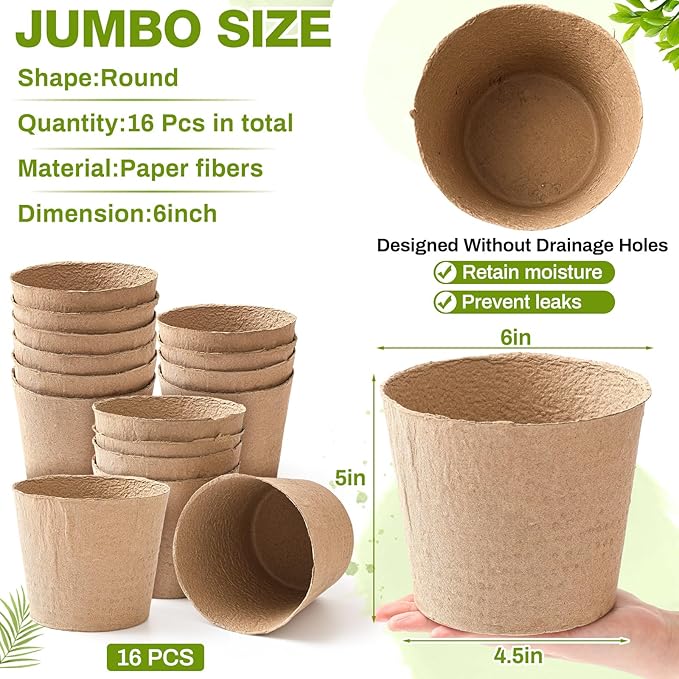 Karenhi 16 Pcs Peat Pots 6 Inch Biodegradable Organic Seed Starting Pots with Drainage Holes Round Nursery Plants for Vegetables, Herbs, Flowers Indoor Garden Germination