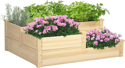 Outsunny 3 Tier Raised Garden Bed, Outdoor Planter Box, Wooden Garden Box with Open Bottom for Growing Vegetables, Herbs, Flowers, 42.5" x 34.75" x 14.25", Natural