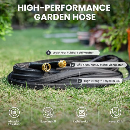 Giraffe Tools Garden Hose 100FT Lightweight Lay Flat Water Hose Kink Free Flexible Hose with 9 Spray Function Nozzle（Black）
