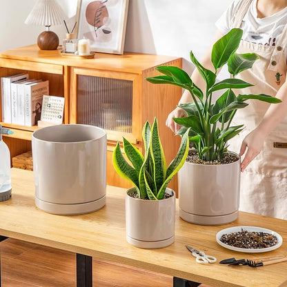 vancasso Ceramic Planters, Plant Pots for Indoor Plants, 6.25+8.25+10.25 Inch Ceramic Pots for Plants, Flower Pots with Drainage Holes (Gray, 6.25+8.25+10.25 Inch)