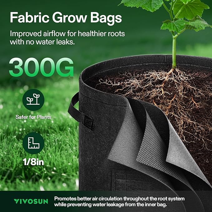 VIVOSUN 5-Pack 7 Gallon Potato Grow Bags, Fabric Pots With Handle and Roll-up Window, Planter Containers for Growing Potatoes, Black