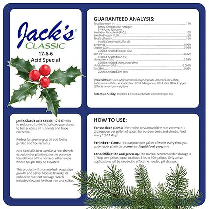 Jack's Classic 17-6-6 Acid Special Water-Soluble Fertilizer with Micronutrients to Promote Vegetative Growth and Blooms in Acid Loving Plants, 1.5lbs