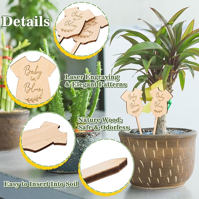 30Pcs Baby in Bloom Plant Labels Baby Shower Wooden Plant Stakes Gift Succulent Garden Marker Plant Sign for Seed Potted Supplies