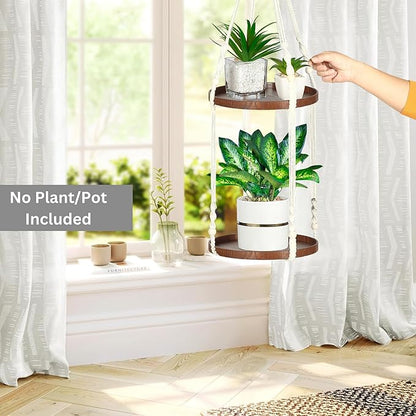 2 Tier Macrame Plant Hanger | Plant Hanger Indoor, Hanging Planter | Hanging Planter Shelf (Beige) (Large, 12" Shelf)