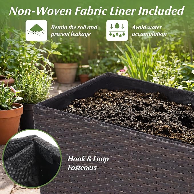 Giantex Wicker Raised Garden Bed, 32”x11”x24”, Rectangular Garden Planter Box w/PE Rattan, Liner Fabric, Wicker Patio Elevated Raised Bed for Vegetable Flower Herb Porch Balcony