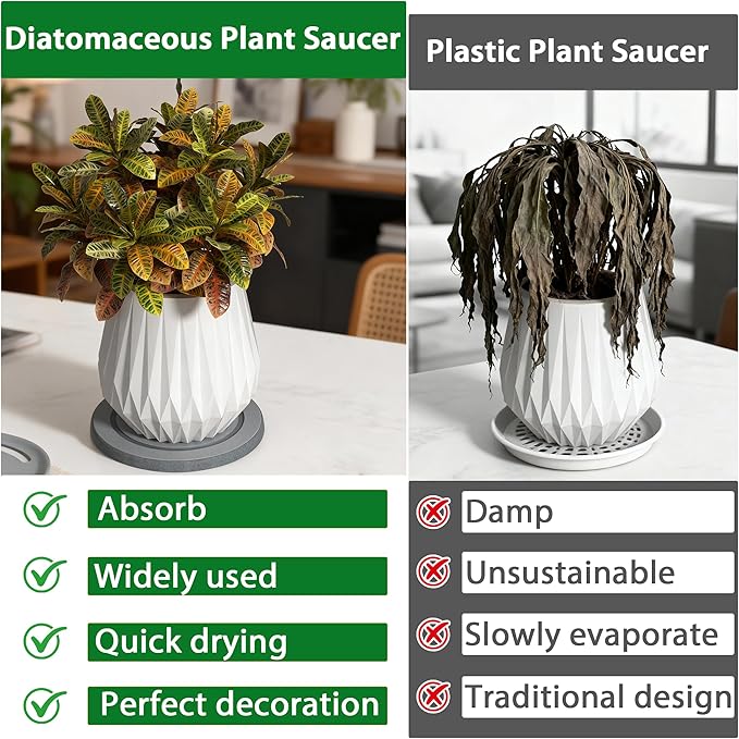 Plant Saucer Flower Pot Saucers Plant Trays for Pots Instant Dry Diatomaceous Earth Round Plant Drip Trays for Indoors Keeping Counter and Floors Dry and Clean (2Pcs Grey Small)