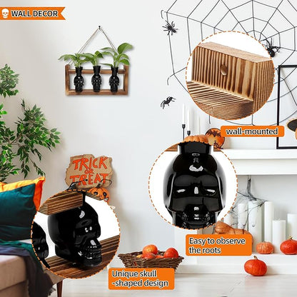 Plant Terrarium Propagation Stations Hydroponics Halloween Skull Planter Vase Skulls Decor with Wooden Stand Gife for Father