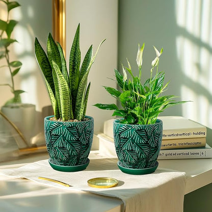 Ceramic Plant Pots, 6 Inch Indoor Plant pots with Drainage Hole and Saucer, Flower Pots, Leaf Embossed - Green Glaze, Set of 2