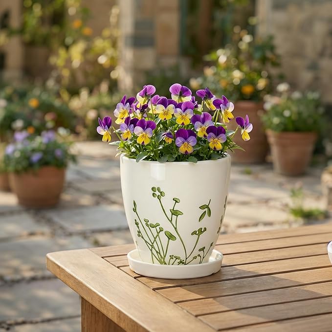 6 Inch Plant Pot - Ceramic Pots for Plants with Drainage Hole and Saucer, Ceramic Succulent Pots for Indoor Outdoor, Decorative Boho Planter, Housewarming Gifts, Garden Room Home Decor, White