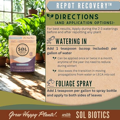Sol Soils Sol Biotics Repot Recovery - Plant Root Stimulator, Treatment from Stress of Transplant Shock & Growth Support Supplement for Roots - 4oz