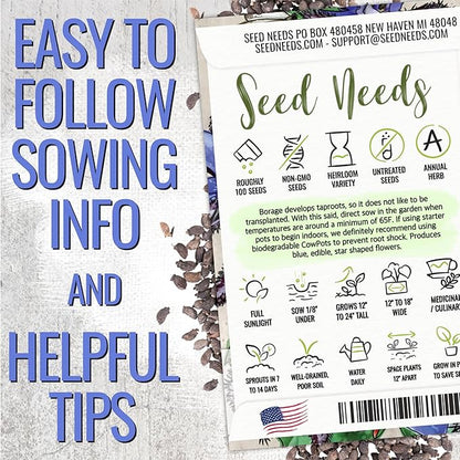 Seed Needs Borage & Chives Seeds for Planting Fresh Kitchen Herbs - Non-GMO Heirloom & Untreated Perennial Herb Seed to Plant a Culinary Garden Indoors or Outdoors (2 Packs)